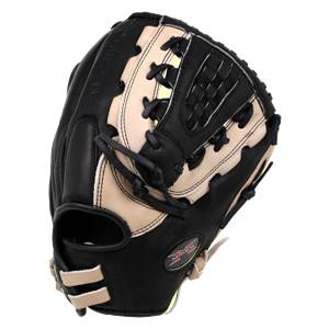Front view of a black and tan fastpitch glove with Miken branding and a woven pocket.