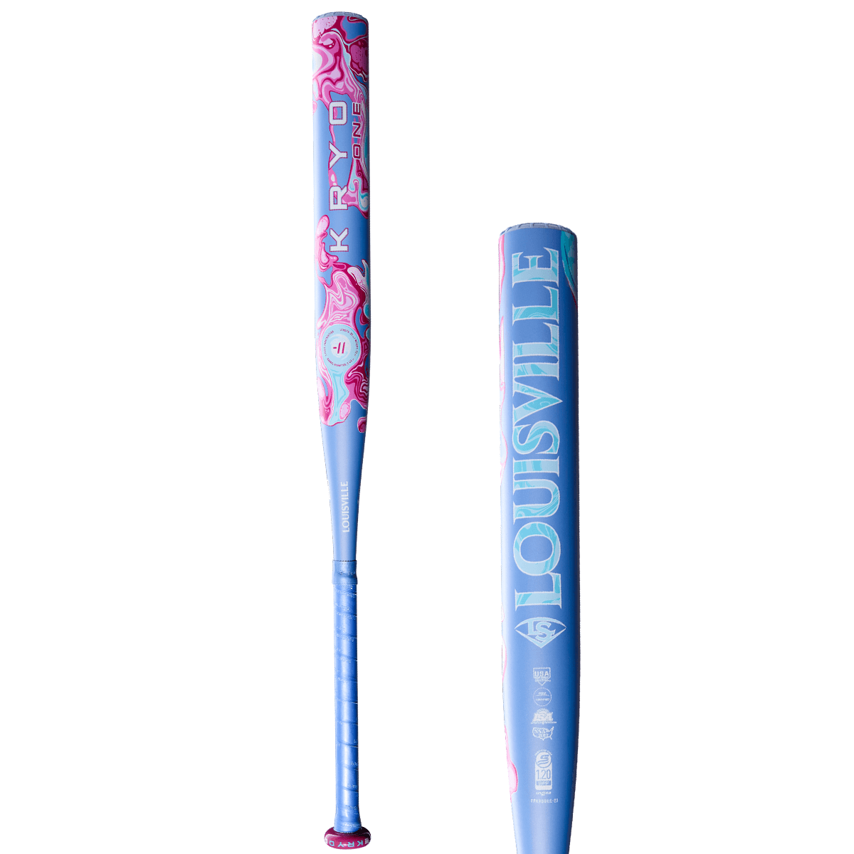 Front view of a Louisville bat with "RYO ONE" and a pink and blue marbled design.
