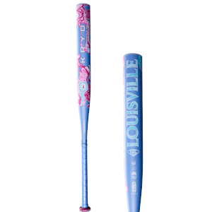 Full view of a blue Louisville baseball bat with a swirling pink and turquoise pattern, showing the "Louisville" text and "-9" indicator.