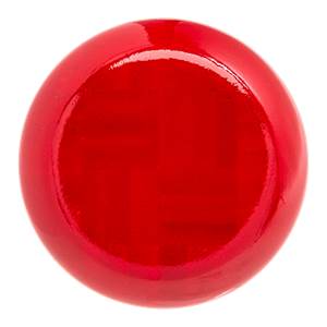 Top-down view of a red training bat end with a glossy finish.