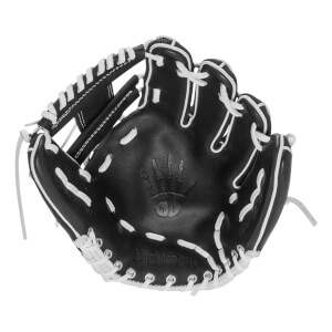 Front view of the black baseball glove with white lacing, featuring a skeleton hand logo in the palm and the word "Nightshift" embossed near the wrist.