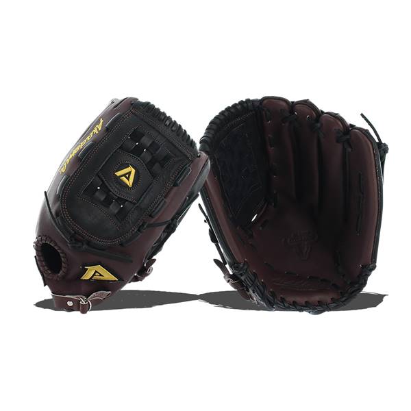 Side view of a brown baseball glove with black accents and yellow Akadema branding.