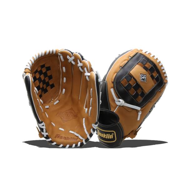 Front view of tan and black Franklin Professional Series baseball gloves with white lacing and checkered webbing.