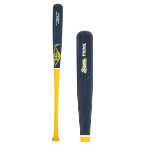 Side view of a navy and yellow baseball bat with "PRIME" and "Savannah Bananas" text.