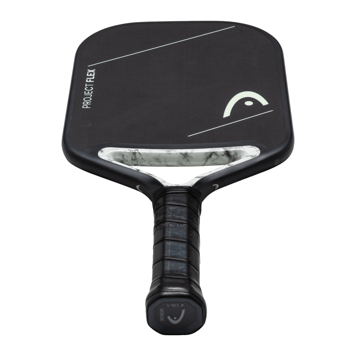 Top-down view of a black pickleball paddle with white "PROJECT FLEX" text, a HEAD logo, and a marbled gray accent.