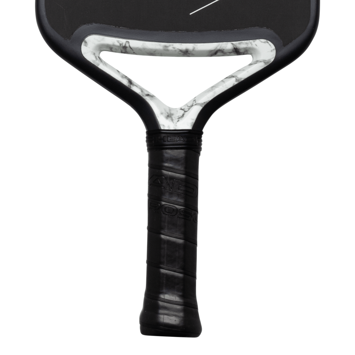 Close-up of the grip and neck of a pickleball paddle, featuring the "HEAD" logo and marble-patterned accents.