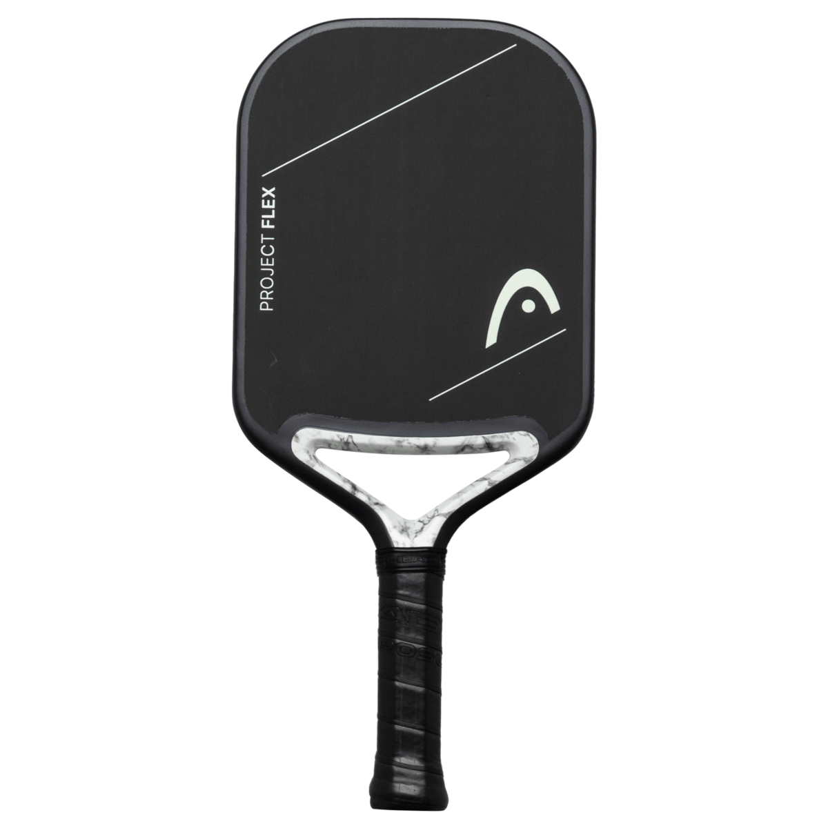 Front view of a black pickleball paddle with white "PROJECT FLEX" text, a white HEAD logo, and a marbled handle.