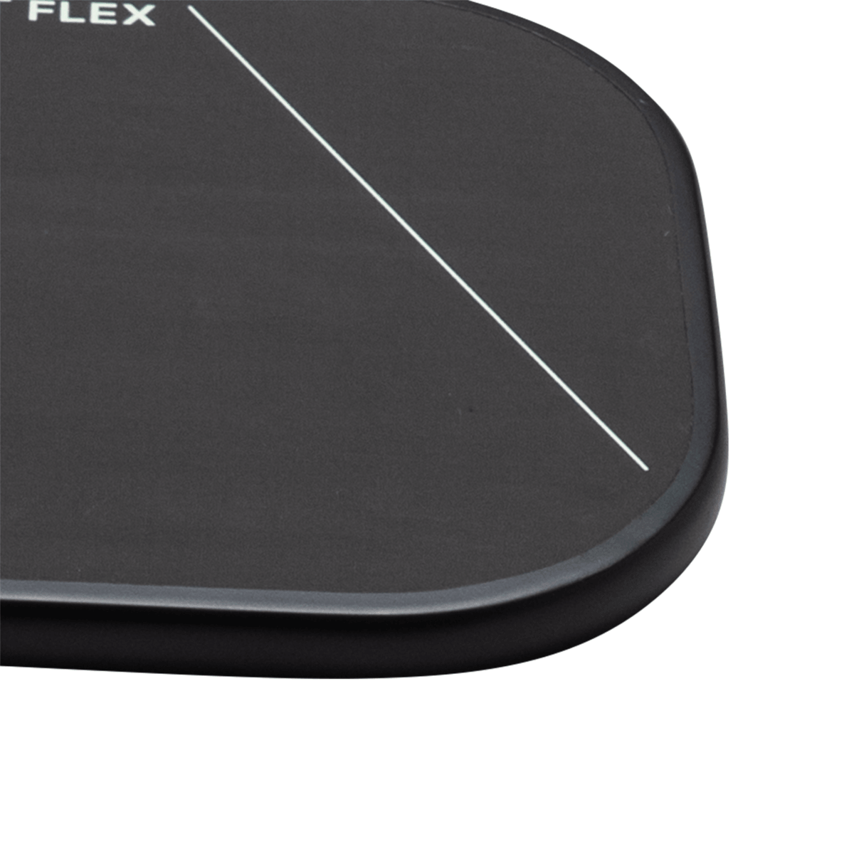 Close-up view of a black surface with the white text "FLEX" and a thin white diagonal line.
