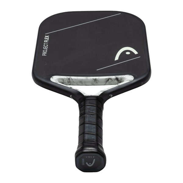 Top-down view of a black pickleball paddle with white "PROJECT FLEX" text, a HEAD logo, and a marbled gray accent.