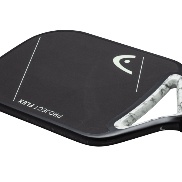 Corner view of a black pickleball paddle with white "PROJECT FLEX" text, a white Head logo, and a marbled grip.