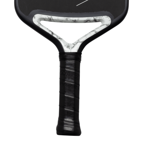 Close-up of the grip and neck of a pickleball paddle, featuring the "HEAD" logo and marble-patterned accents.