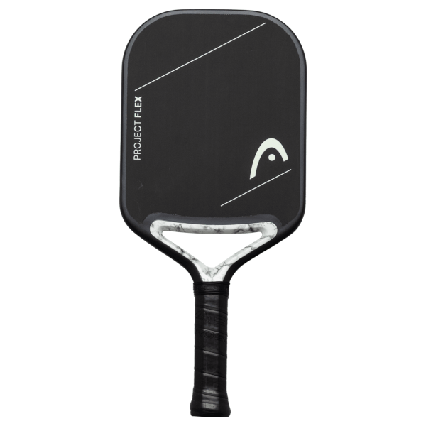 Front view of a black pickleball paddle with white "PROJECT FLEX" text, a white HEAD logo, and a marbled handle.