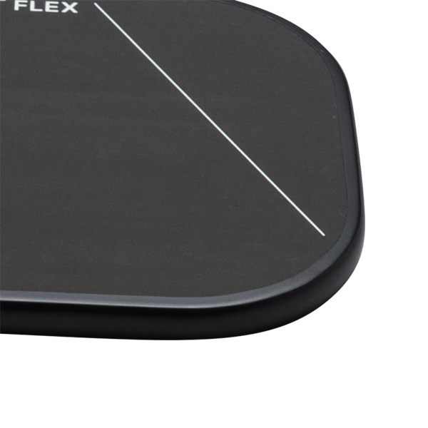 Close-up view of a black surface with the white text "FLEX" and a thin white diagonal line.