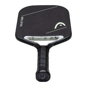 Top-down view of a black pickleball paddle with white "PROJECT FLEX" text, a HEAD logo, and a marbled gray accent.