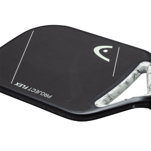 Corner view of a black pickleball paddle with white "PROJECT FLEX" text, a white Head logo, and a marbled grip.