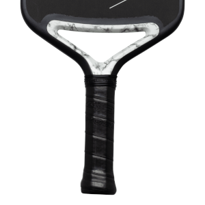 Close-up of the grip and neck of a pickleball paddle, featuring the "HEAD" logo and marble-patterned accents.