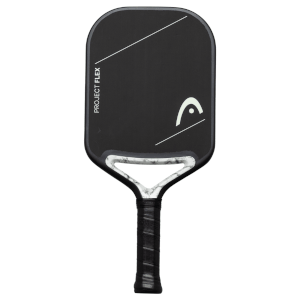 Front view of a black pickleball paddle with white "PROJECT FLEX" text, a white HEAD logo, and a marbled handle.
