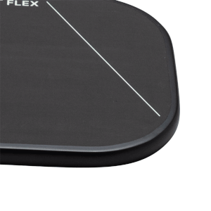 Close-up view of a black surface with the white text "FLEX" and a thin white diagonal line.