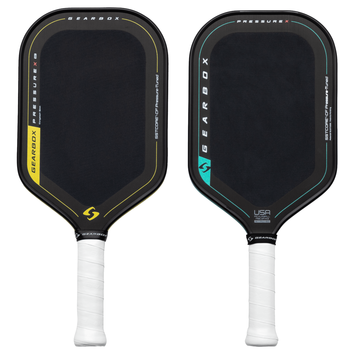 Front view of a black pickleball paddle with yellow "GEARBOX" lettering and yellow trim, showing "PRESSURE X" and "SSTCORE-CF".