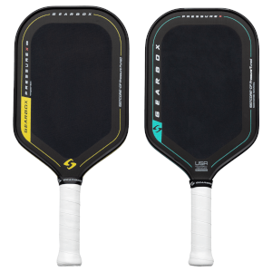 Front view of a black pickleball paddle with yellow "GEARBOX" lettering and yellow trim, showing "PRESSURE X" and "SSTCORE-CF".
