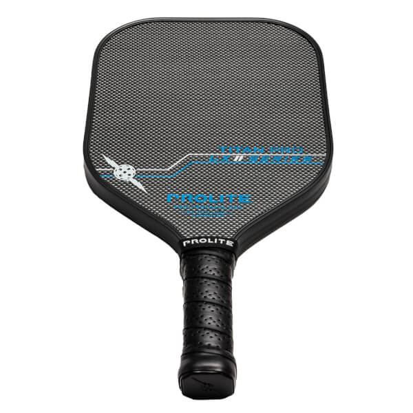 Front view of a black pickleball paddle with a textured surface, blue PROLITE branding, and a perforated grip.