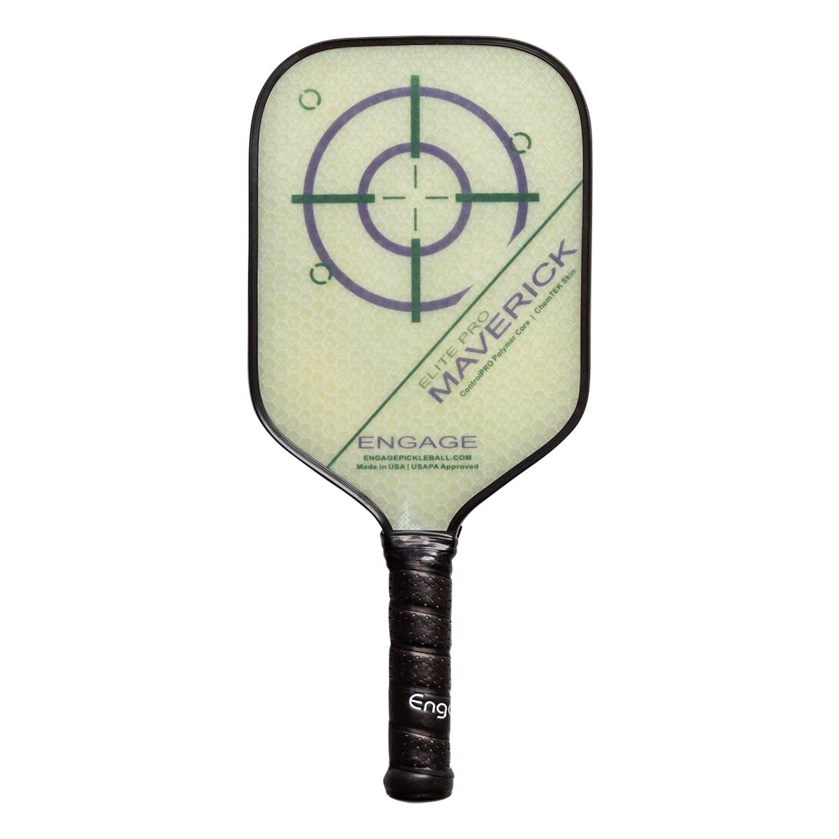 Front view of a light green pickleball paddle with a target design, Maverick text, and a black grip with Eng logo.