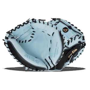 Opened view of a light blue catcher's mitt with black lacing, showing "ALL-STAR" and "Pro-Elite" branding.