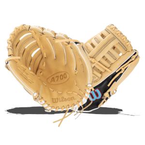 Front view of a tan Wilson A700 baseball glove with white stitching and a black wrist strap featuring a blue and red "W" logo.