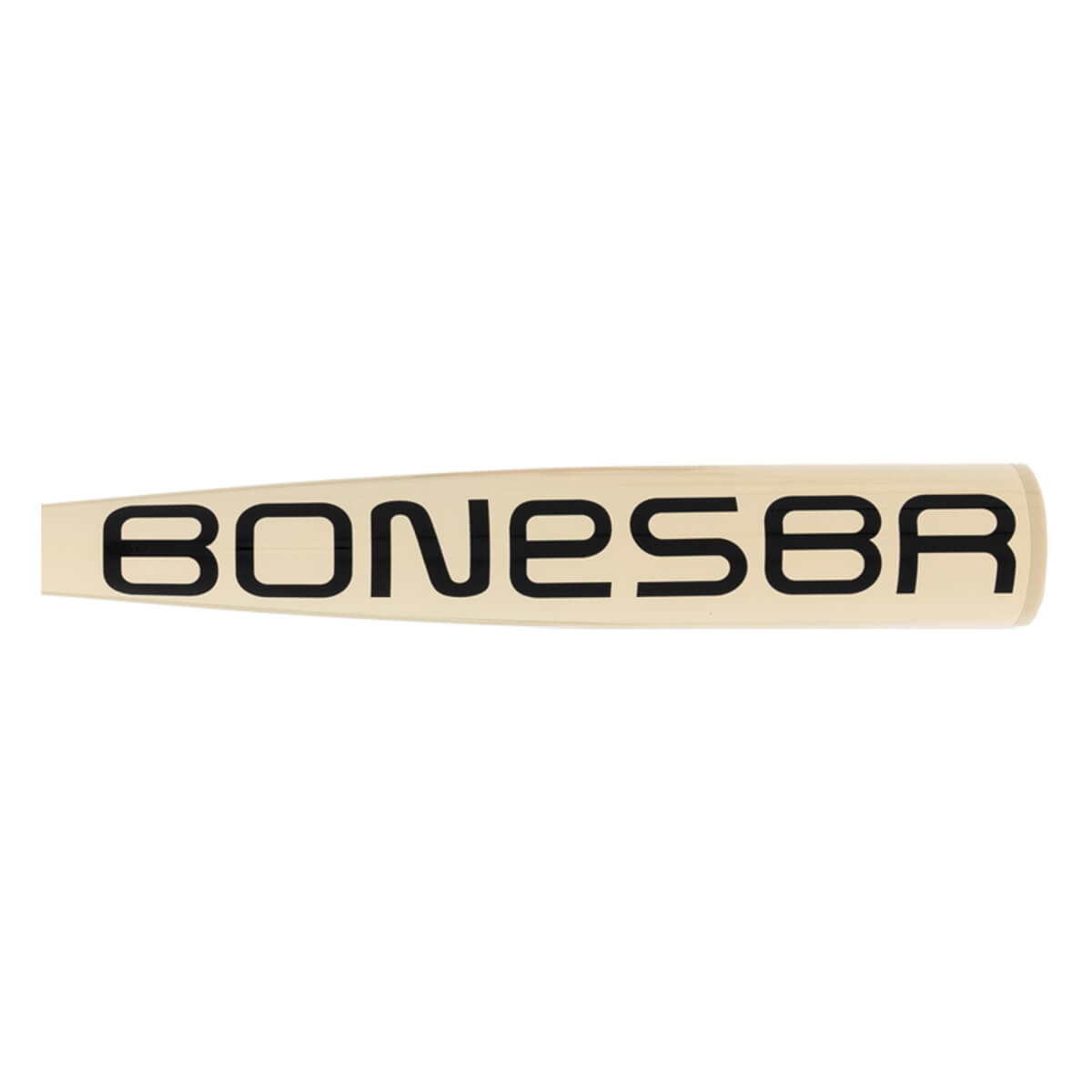 Close-up side view of a cream baseball bat with BONESABER printed in black and a smooth finish.