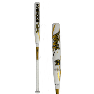 Side view of a white and gold baseball bat with "BOOMBAH" and "M280-622X" printed on it.