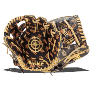 Front view of a dark baseball glove with a repeating pattern of gold "SUAVE" text, target symbols, and "SOLDIER" graphics.