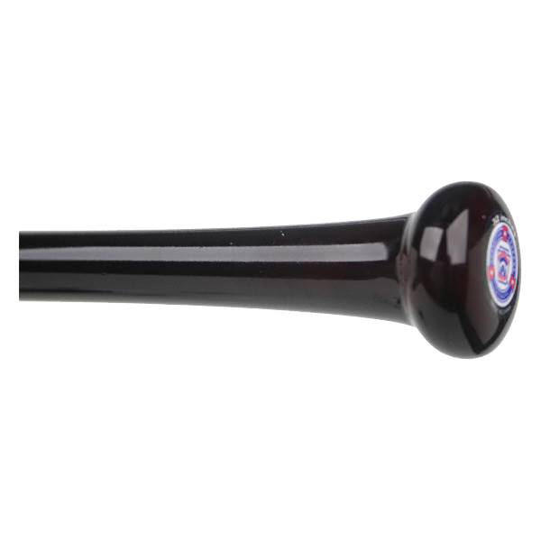 Side view of a dark brown baseball bat with a circular logo on the knob.