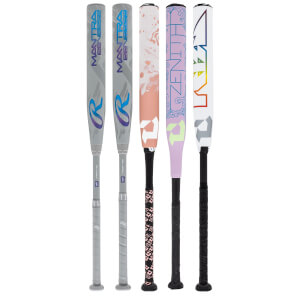 Front view of five baseball bats with different designs, including "MANTRA REVERSE" and "ZENITH" text.