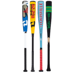 Front view of four baseball bats: one blue with white logo, one yellow with "THE GOODS" text, one light blue with "LOUISVILLE" text, and one black with green "Victus" text.