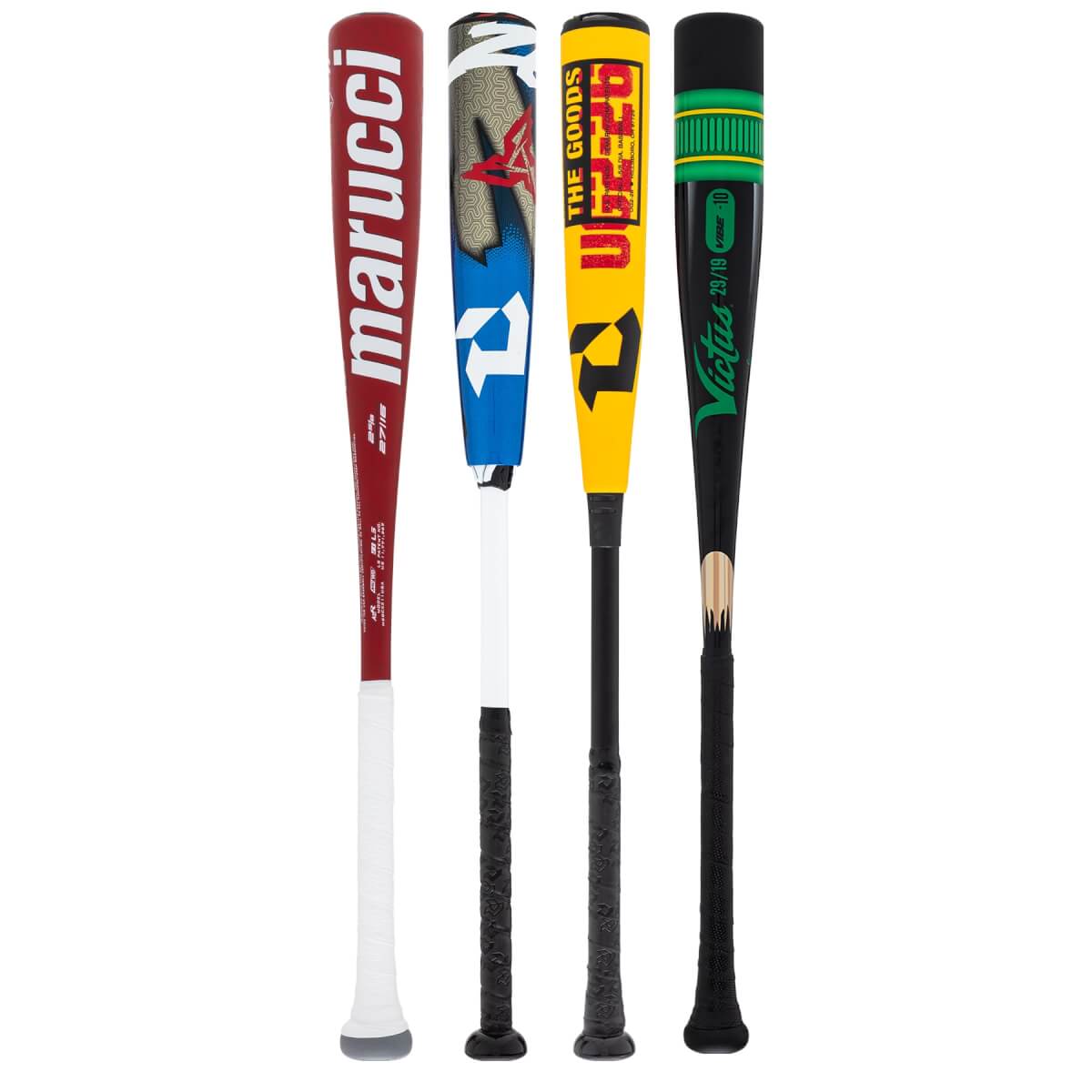 Front view of four baseball bats: a red Marucci bat, a blue bat with a star graphic, a yellow bat with "THE GOODS" text, and a black Victus bat with green accents.