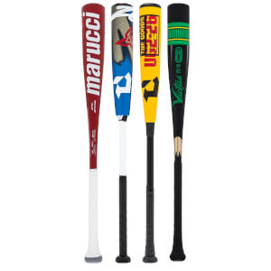 Front view of four baseball bats: a red Marucci bat, a blue bat with a star graphic, a yellow bat with "THE GOODS" text, and a black Victus bat with green accents.