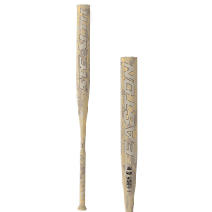 Front view of a tan camouflage Easton Stealth baseball bat, with "STEALTH" vertically on one bat and "EASTON" on the other.
