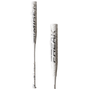 Front view of a white baseball bat with "MIKEN" and "FREAK" in silver lettering, and subtle grey patterned graphics.