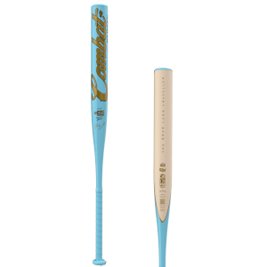 Front view of a light blue baseball bat with "Combat" in gold lettering and a black grip.