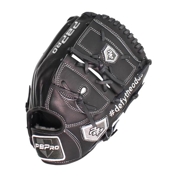 Top-down view of a black baseball glove with white stitching, PBPRO text, and #defytheodds hashtag.