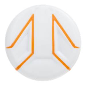 Top-down view of a white baseball bat end cap with orange geometric lines.