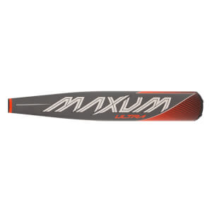 Side view of a gray baseball bat with white MAXUM text and orange ULTRA text.