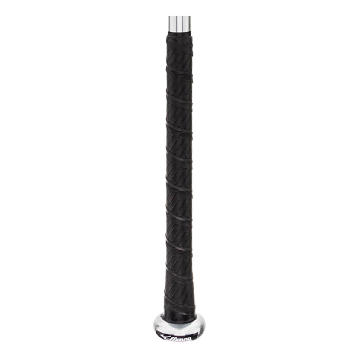 Close-up of a black baseball bat grip with a silver end cap and Mizuno logo.