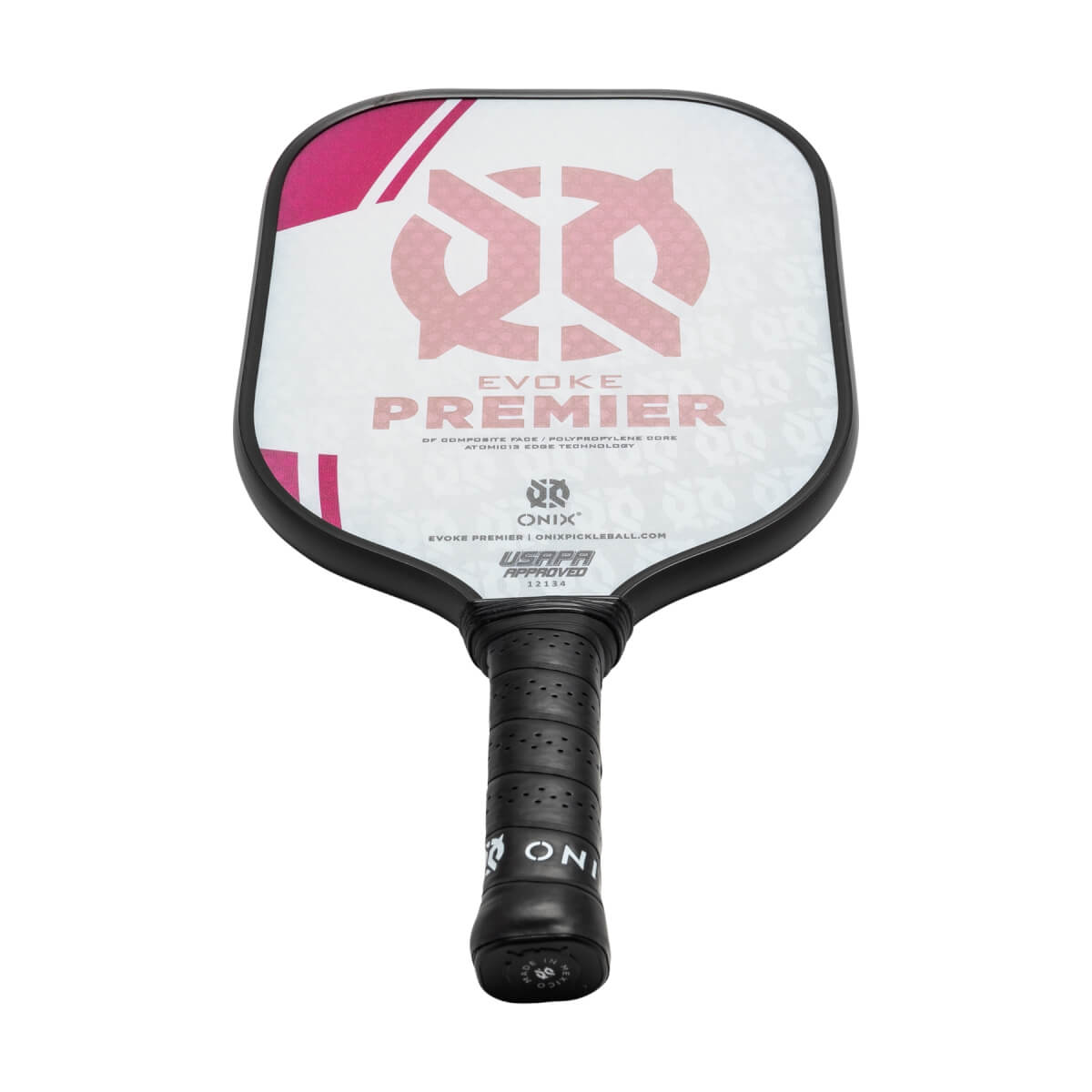 Front view of a white pickleball paddle with pink accents, EVOKE PREMIER text, and a black grip.