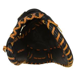Interior view of a black first base mitt with tan lacing and stitching.