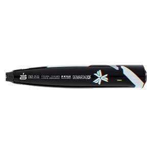 Side view of a black baseball bat with DEMARINICF and a glitch-style graphic.