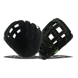 Front view of a black softball glove with green stitching and a webbed palm.