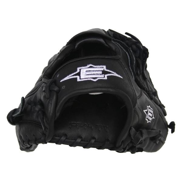 Front view of a black baseball glove with white Easton logo and IDEAL FIT text.