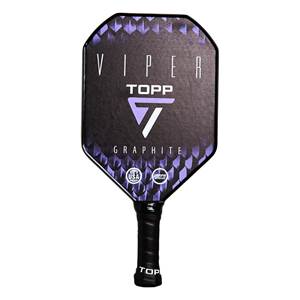 Front view of a black pickleball paddle with purple geometric pattern, VIPER, TOPP, GRAPHITE, and USA Pickleball logos.