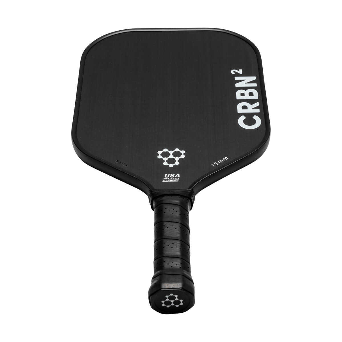 Top-down view of a black pickleball paddle with CRBN² branding, a honeycomb logo, and 13 mm text.